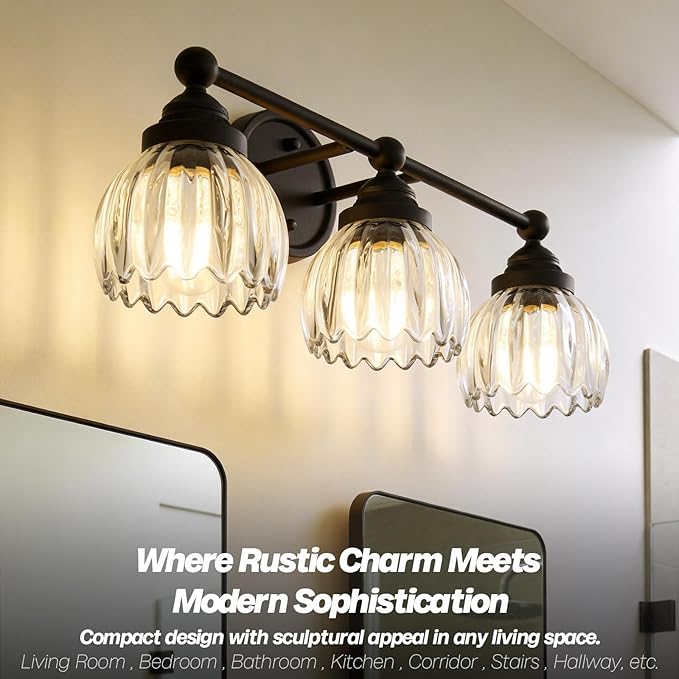 Vintage Triple Arm Tulip Glass Wall Sconce Lighting, 3-Lights Bathroom Vanity Light Fixture for Hallway Bedroom Living Room Bedside Nightstands Lights