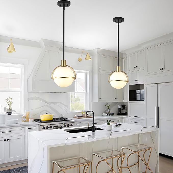 2 Pack Modern Mid Century Globe Pendant Lights,Brass Gold and Black Kitchen Island Pendant Lighting with Milk White Glass Shade,Hanging Pendant Light Fixtures for Living Room Bedroom