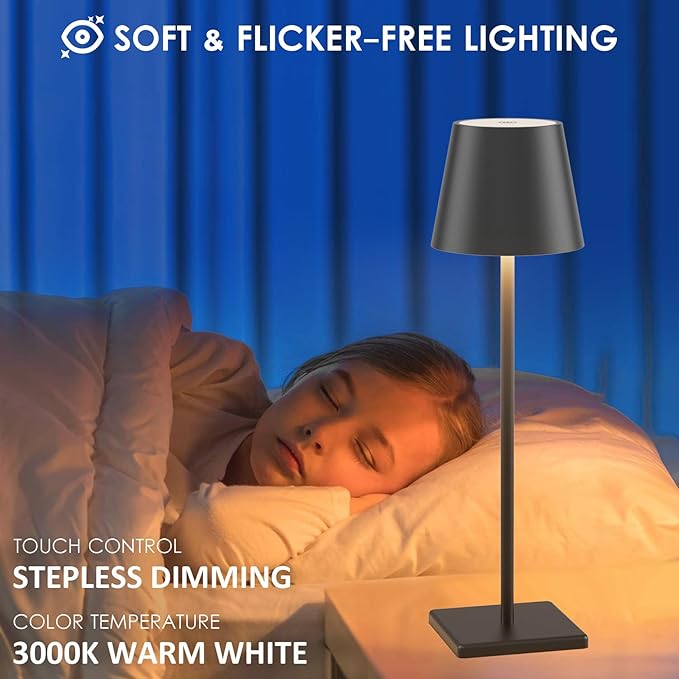 4-Pack LED Rechargeable Table Lamp, Battery Desk lamp 3W 5000mAh Battery Operated Stepless Dimming Modern Portable Table Light for Restaurant/Dinner/Bedroom/Outdoor IP54 Waterproof (Black)