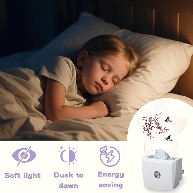 Birds Flying Nightlights Plug in Wall,Plum Blossoms Decorative Star Lamp with Automatic Lighting for Living Space,Gentle Glow for Kids Room,Hallway,Bathroom