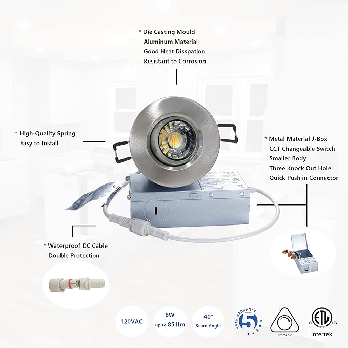 POPANU Premium Canless Recessed Gimbal Downlight Rotatable-Spotlight 5 CCT Eyeball Ceilling Potlight, Dimmable Lights Fixture with Junction Box, 8W CCT Adjustable (Brushed Nickel, 3 Inch)