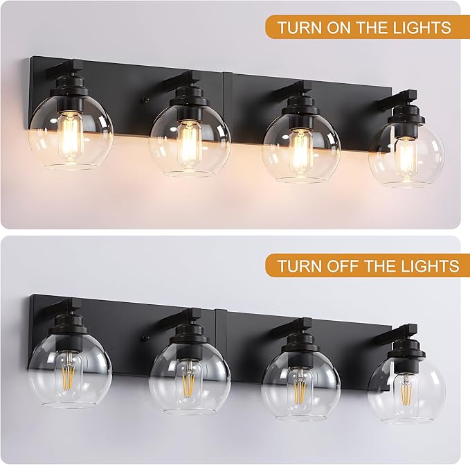 LmnLvn Bathroom Light Fixtures, 4-Light Matte Black Vanity Lights, Modern Bathroom Lighting Fixtures Over Mirror, Farmhouse Vanity Lights with Glass Shade for Living Room, Bedroom, Hallway