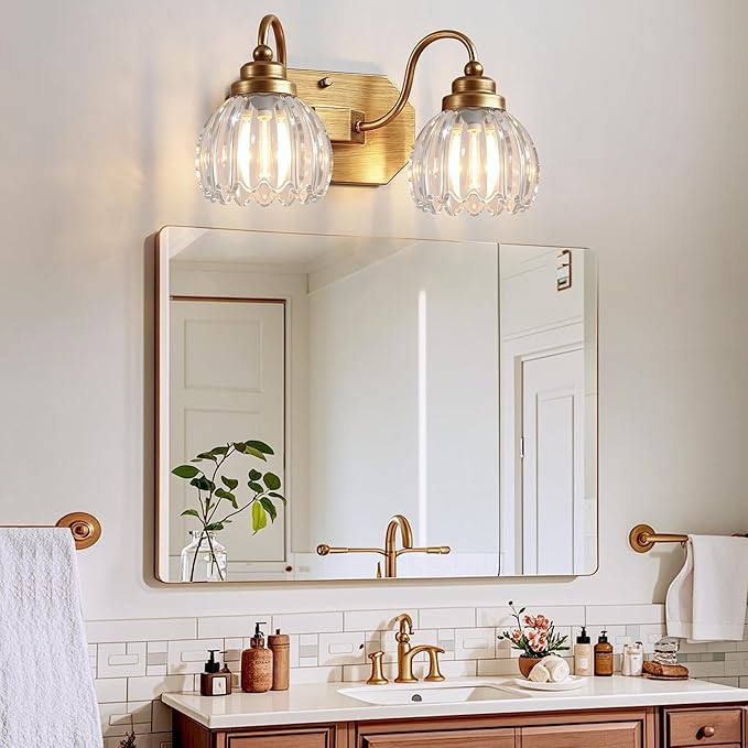 Gold Vanity Light, Vintage Bathroom Light Fixtures, 2-Light Matte Antique Brass Finish with Crystal Glass Shade, Mid Century Style Wall Sconces for Bedroom, Living Room