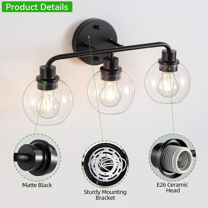 Bathroom Light Fixtures Black Vanity Light, 3 Light Modern Wall Sconces Lighting Bathroom Lights with Globe Clear Glass Shades, Bath Wall Lights Wall Lamp for Mirror Kitchen Living Room Hallway