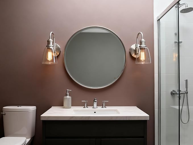 Yosoan 1-Light Brass Modern Vintage Indoor Wall Sconce, Vanity Single Luxury Hardwired Retro Textured Clear Oval Cone Glass Shade with Industrial Curved Rod Bathroom Lamp(Brushed)