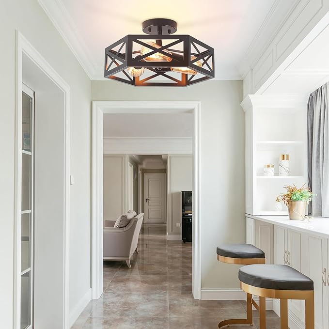Semi Flush Mount Ceiling Light, Black 3-Light Fixtures Ceiling Mount with Hexagon Cage, Metal Industrial Close to Ceiling Light for Hallway, Kitchen, Bedroom (Black, 14.56''L)