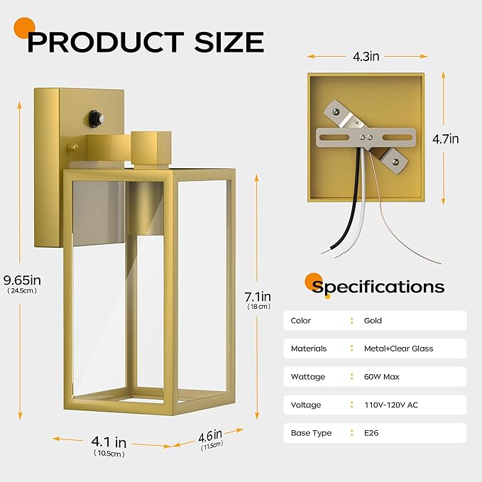 WIHTU Gold Dusk to Dawn Porch Lights, Exterior Lighting Fixtures for House, Waterproof Outdoor Wall Lights Wall Sconce Lamp, Anti Rust Coach Lights for Doorway, Garage