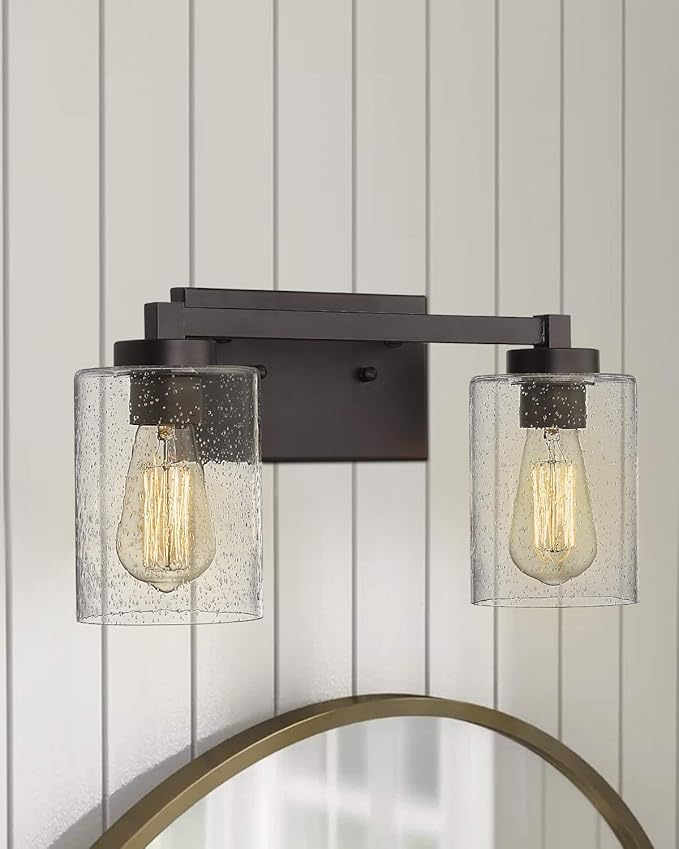 Beionxii 2 Light Bathroom Vanity Lights, Vintage Wall Sconce Oil Rubbed Bronze with Clear Seeded Glass 16" W x 8.75" H - MB9002-2