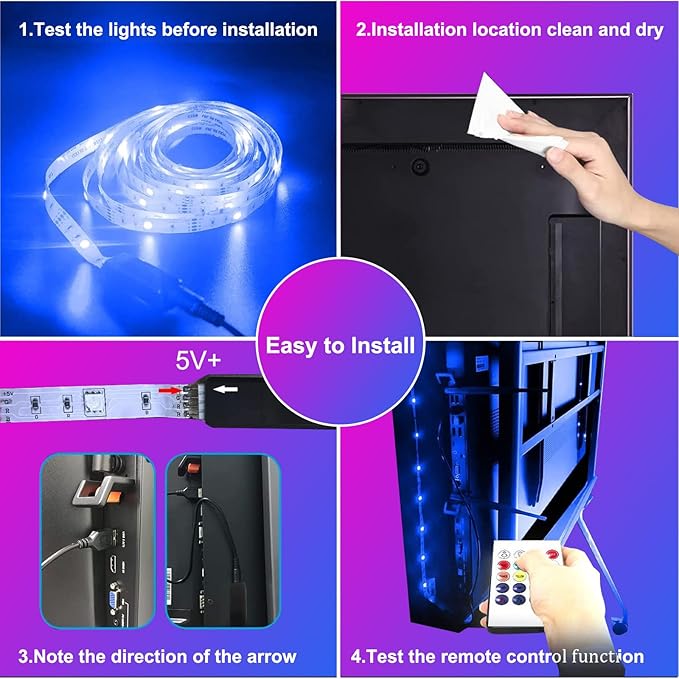 VOLIVO LED Lights for TV, 15FT Led Backlight for 45-65 inch TVs, Bluetooth RGB LED Lights Behind Television with Remote, USB Powered, Color Changing, Music Sync, for Gaming Room,Desk,Under Table