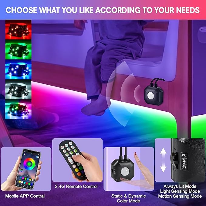 Motion Sensor Under Bed Lights,2x13.12Ft RGB Color LED Strip Lights with Constant On,Motion Activated,Light Sensing 3 Modes,App and RF Remote Control USB Music Sync Stair Lights for Bed Cabinet Closet