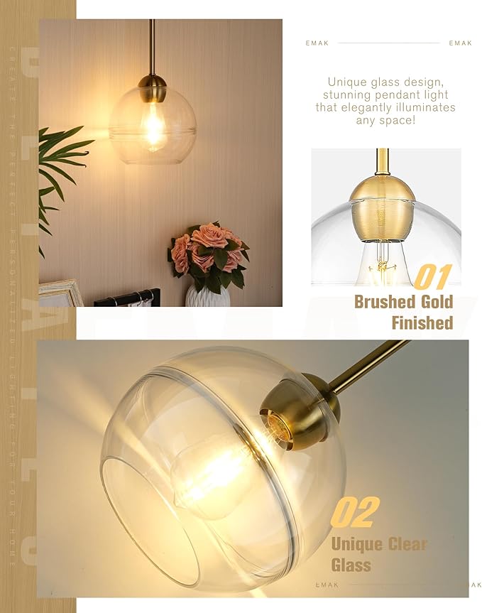 Emak 8 Inch Globe Pendant Lights Kitchen Island, Brushed Gold Pendant Light Fixtures with Clear Glass Shade, Modern Island Lights for Kitchen, Dining Room, Bathroom, PL121-BGD-AG