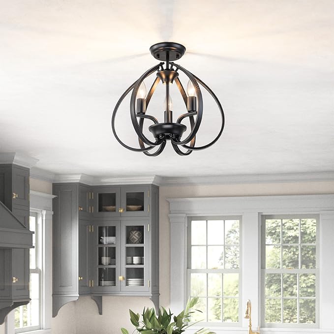 Modern Black Semi Flush Mount Ceiling Light, 15" Farmhouse Globe Cage Chandelier with E12 Base, 40W Max, No Assembly Required, Gothic Semi Flush Ceiling Fixture for Foyer Hallway Bedroom Stairwell