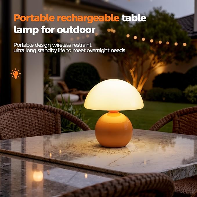 NIORSUN Mushroom Lamp Table Lamp for Bedroom, Portables Cordless Table Lamps Set of 2,Wireless lamp,Bedside Tables Touch for Living Room,Mini Mushroom 5200mAh Battery Operated Lamps Modern Orange
