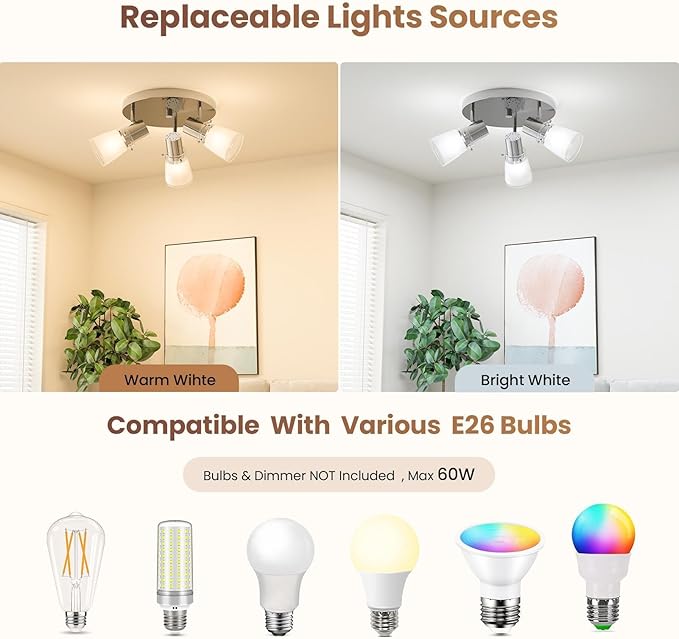 10” Decorative Track Lighting Kit, Brushed Nickel Finish Flush Mount Ceiling Light Fixture with Frosted Glass Shades, E26 Base Adjustable Heads Provide Directional Light (3-Light)
