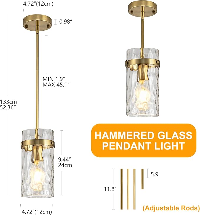 3 Pack Brushed Gold Pendant Lights Kitchen Island, Hammered Glass Pendant Lighting Over Island, Kitchen Hanging Light Fixtures Pendant Light Over Sink for Kitchen Entryway Foyer Dining Room