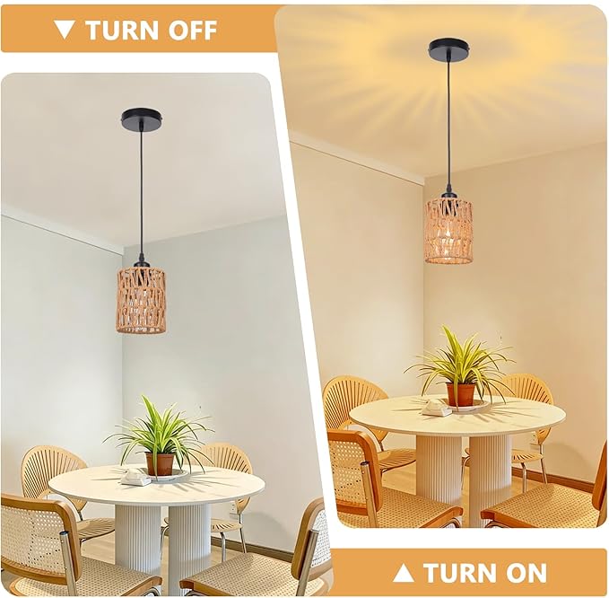 Rattan Pendant Lights Kitchen Island, 3 Pack Farmhouse Chandelier Lighting with Hand Woven Wicker Shade, Boho Pendant Light Fixtures Ceiling Hanging for Dining Room Bedroom Foyer Hallway
