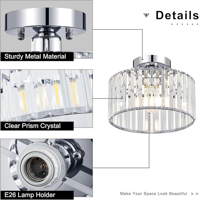 Crystal Chrome Semi Flush Mount Ceiling Light Modern Hallway Light Fixture Metal Close to Lamp for Entryway Bedroom(10.63 inch)