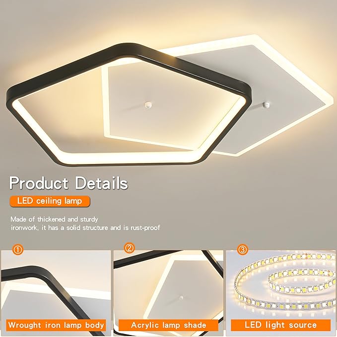 Modern LED Ceiling Light Fixture Dimmable Black Flush Mount Ceiling Light 20.08" Bedroom Ceiling Lamp with Remote Control Pentagonal Ceiling Light for Kitchen,Entryway,Balcony,Wardrobe