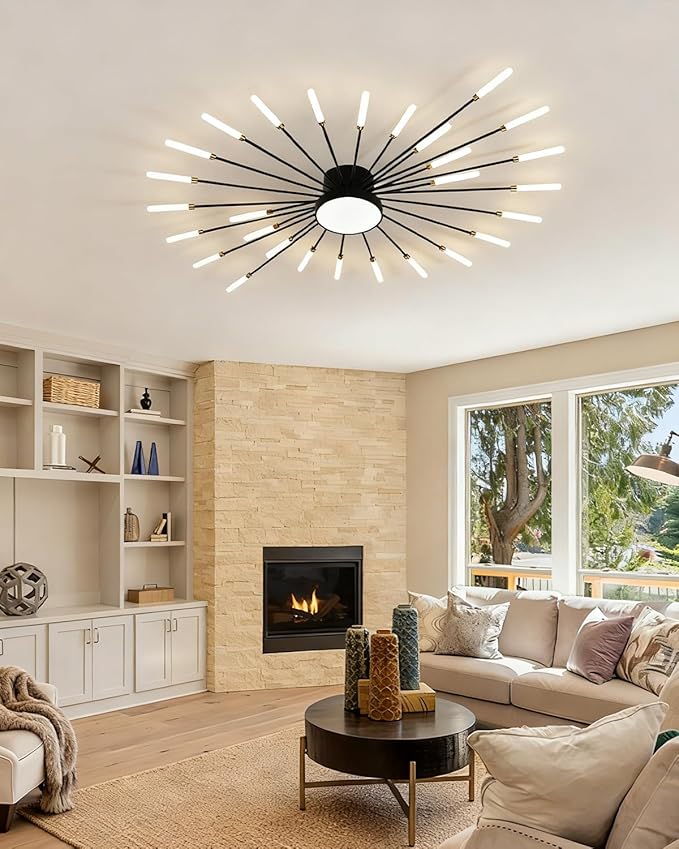 Modern Firework Ceiling Lamp, 29 Lights Metal Black Sputnik Flush Mount Ceiling Light Fixture, 40W LED Flower Chandeliers Lighting Fixture for Farmhouse Kitchen Dining Room Bedroom Living Room