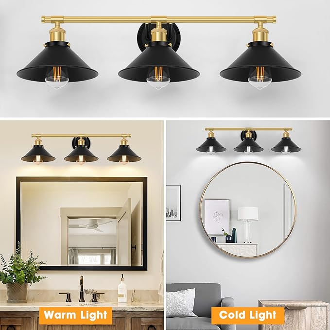 Licperron 3-Light Black and Gold Bathroom Lighting Fixtures, Farmhouse Vanity Wall Lights Over Mirror with Metal Shade, Indoor Bathroom Wall Mounted Lamp for Cabinet, Living Room, Kitchen