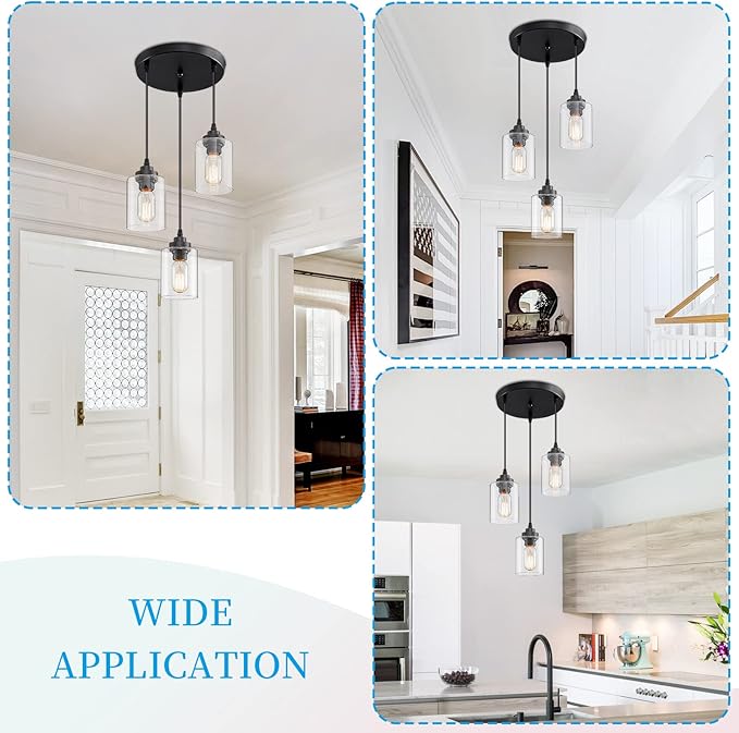 3-Light Pendant Lighting,3 Pendant Light Fixture for Kitchen Island,Dining Lamp Ceiling Hanging,with Adjustable Cord and Glass Shade for Farmhouse Living Dining Room Bar,Black