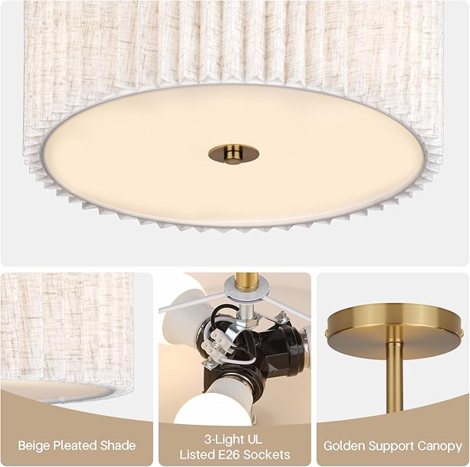 Mid Century Modern Semi Flush Mount Ceiling Light with Pleated Fabric Shade, 12.5 in Drum Gold Light Fixture with Lights, Beige White Linen Lamp for Bedroom, Living Room, Dining Room, Hallway