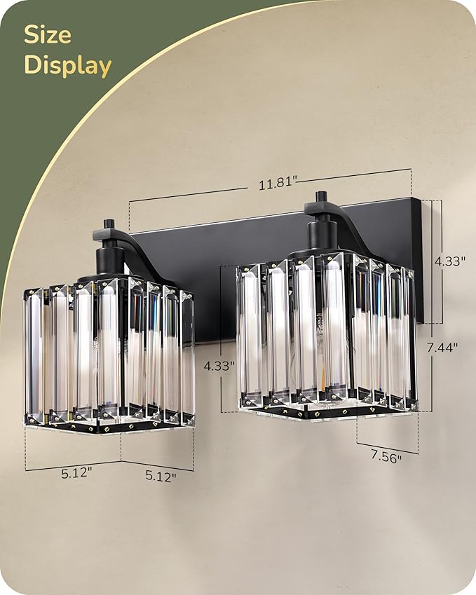EDISHINE Bathroom Vanity Light Fixtures, 2 Light Crystal Bathroom Lighting Fixtures Over Mirror, Modern Wall Sconce for Powder Room, Bedroom, E26 Base, Black