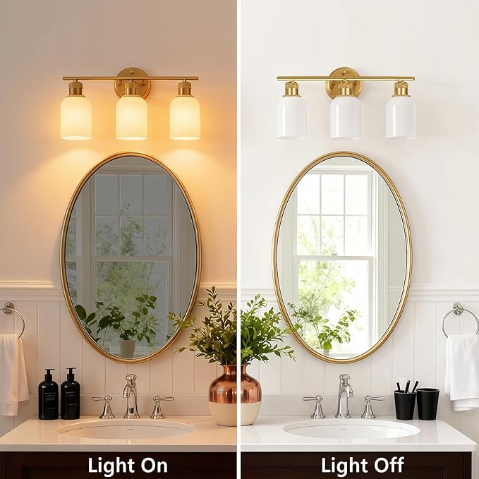 Vintage Gold 3-Light Vanity Light, Wall Light Fixtures with White Glass Shade for Bathroom Mirror Kitchen Living Room Hallway Cabinet Porch