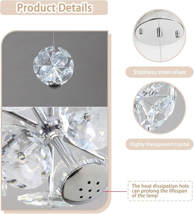 ykolupty Pendant Lights Kitchen Island Crystal Globe Chandelier LED Silver Island Light Crystal Pendant Light for Dining Foyer Entrance
