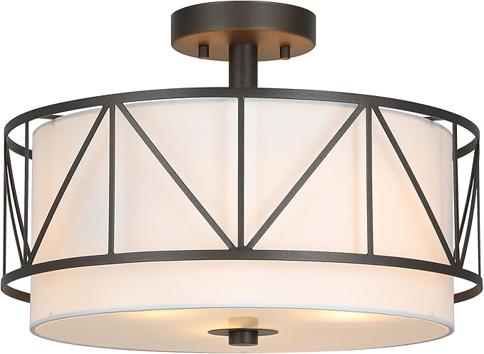 XiNBEi Lighting 16 inch Semi Flush Mount Ceiling Light Fixture with Metal Cage, Modern Drum Light Fixture for Bedroom Kitchen Ceiling Light Fixture for Dining Room XB-SF330-DB