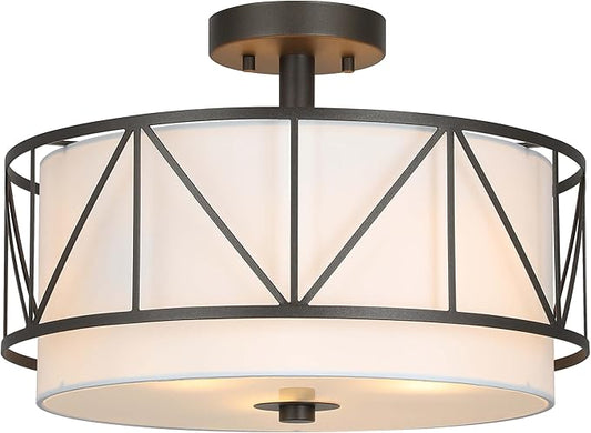 XiNBEi Lighting 16 inch Semi Flush Mount Ceiling Light Fixture with Metal Cage, Modern Drum Light Fixture for Bedroom Kitchen Ceiling Light Fixture for Dining Room XB-SF330-DB