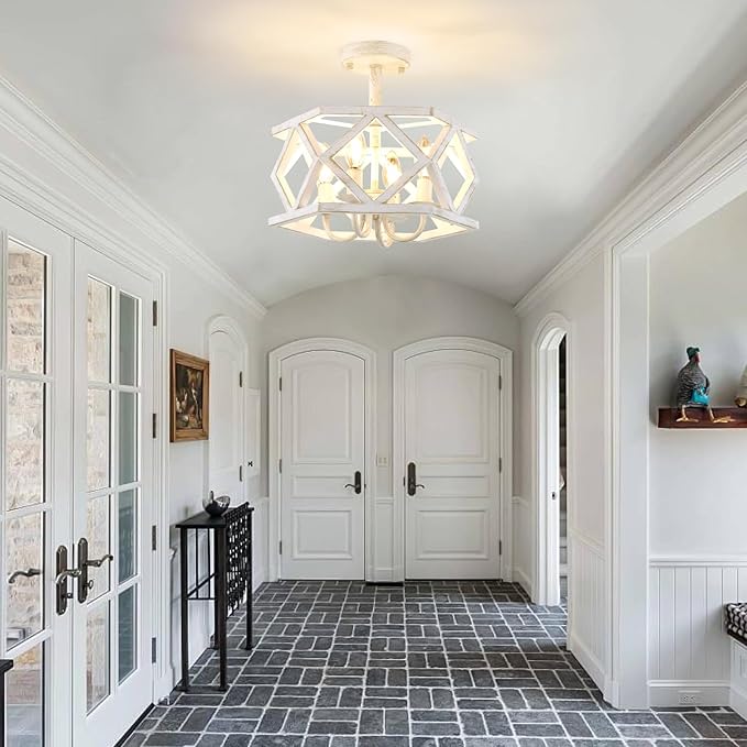 Antique White Semi Flush Mount Ceiling Light, Modern Foyer Lighting Fixture, 4-Light Metal Ceiling Lamp, Small Farmhouse Chandelier for Hallway Entryway Porch Bedroom Kitchen