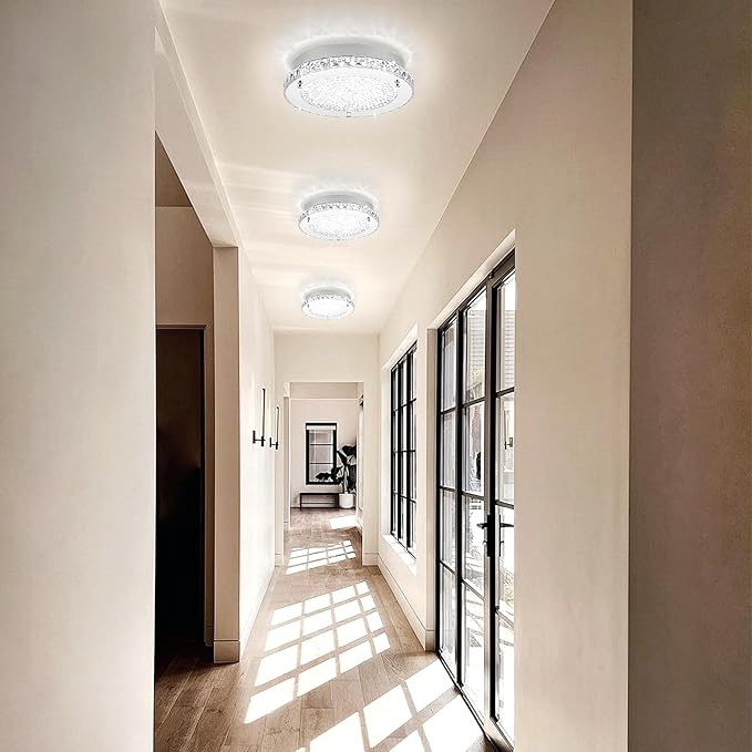 Flush Mount Ceiling Light LED Crystal Ceiling Light Fixture Modern 13 Inch Kitchen Lighting Fixtures Ceiling for Bedroom, Hallway, Porch, Dimmable and 3 Color Change