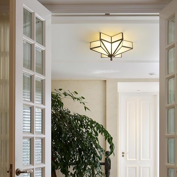 Star Brass Glass Ceiling Light - Small 12 Inch Bronze Black Flush Mount Fixture - Unique Art Deco Vintage Modern Milk Lighting Lights for Bedroom Dining Entry Hall Hallway Outdoor Porch