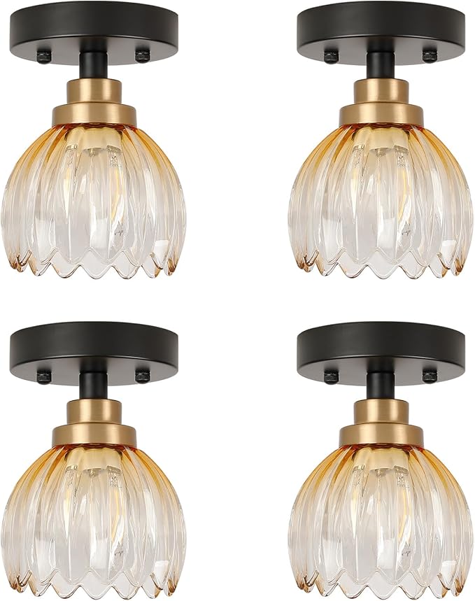 TALOYA Semi Flush Mount Ceiling Light,4 Pack Close to Ceiling Light Fixtures with Amber Tulip Glass Shades Modern Farmhouse Lighting Fixtures for Hallway Corridor Kitchen Bathroom Bedroom Passway