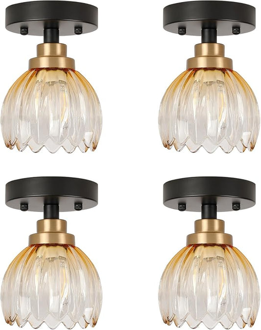 TALOYA Semi Flush Mount Ceiling Light,4 Pack Close to Ceiling Light Fixtures with Amber Tulip Glass Shades Modern Farmhouse Lighting Fixtures for Hallway Corridor Kitchen Bathroom Bedroom Passway