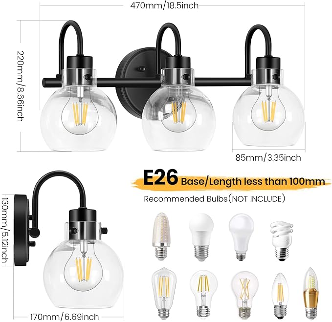 Bathroom Light Fixtures, Black 3 Lights Vanity Light, Farmhouse Wall Sconces with Globe Glass Shade, Porch Wall Mount Lamp for Mirror, Kitchen, Porch Living Room Workshop (E26 Base)