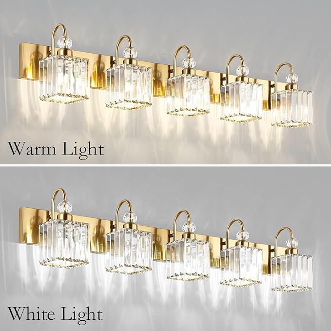 Ralbay Modern Gold Vanity Lights - 6-Light Gold Crystal Bathroom Vanity Lights Over Long Mirror