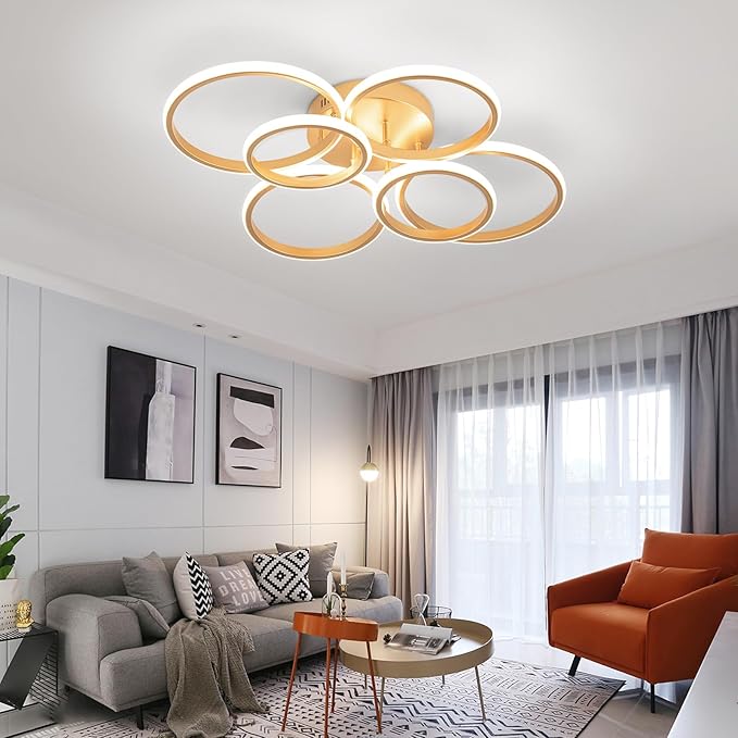 Modern Ceiling Lights, 6 Rings Dimmable Gold LED Ceiling Light Fixtures with Remote Control, 60W Close to Ceilings Lighting for Living Room, Bedroom, Dining Room