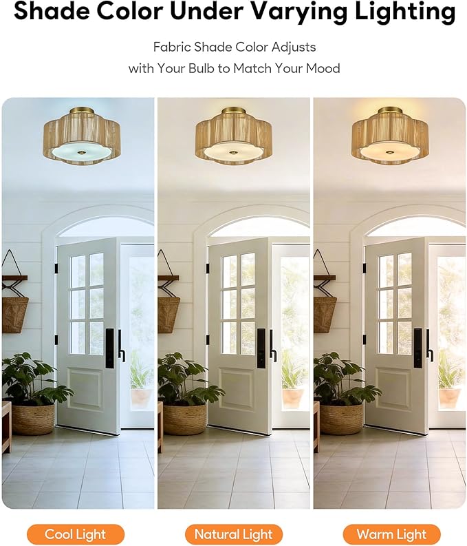 VONLUCE Semi-Flush Mount Boho Ceiling Light, 14" 4-Light Rattan Ceiling Light Fixture with 2 Tier Rattan Fabric Clover Shade, Lighting for Bedroom Dining Living Room, Gold Finish, ETL Certificated