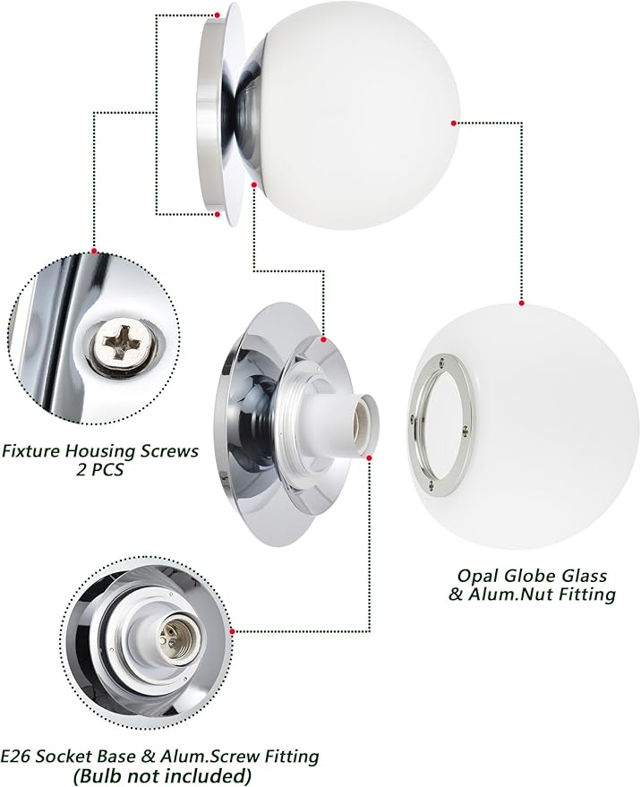Chrome Wall Sconces, 1 Light Modern Globe Sconce, Wall Light for Bedroom Bathroom Living Room & Hallway Vanity Lighting, Ceiling Light Fixture (1-Light, Chrome)