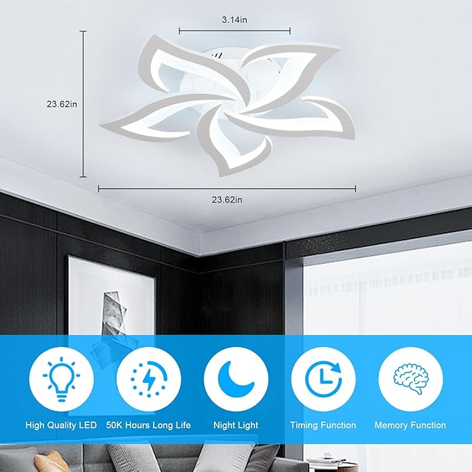 Goeco Dimmable Ceiling Light, White 5-Petals Flower Design Flush Mount Ceiling Lights Fixture, 3000K-6500K LED Acrylic with APP/Remote Control for Bedroom, Dining Room, Living Room, Kitchen