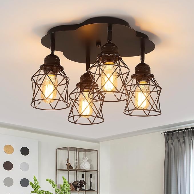 4-Lights Kitchen Light Fixtures Ceiling Mount, Adjustable Multi-Directional Black Flush Mount Ceiling Light Fixture, Vintage Metal Cage Farmhouse Lamp for Hallway, Dining Room, Farmhouse, Entryway