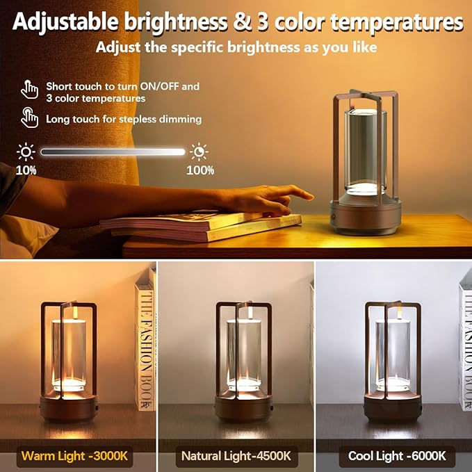 Cordless Portable Table Lamp Rechargeable for Indoor/Outdoor, 3000mAh Small Battery Powered Operated Lights, 3 Color Modes Dimmable Waterproof, LED Desk Lamp for Restaurant/Bedroom/Camping (Brown)
