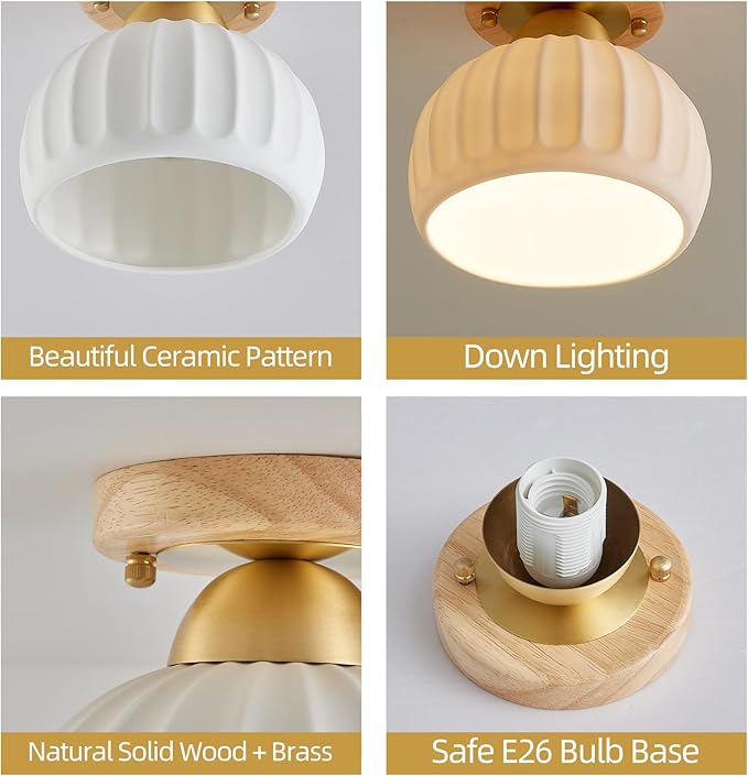 2 Pack Ceramic Wood Brass Semi Flush Mount Ceiling Light Vintage Hallway Light Fixtures, Modern Small Ceiling Mount Light Lamp for Hall Kitchen Entryway Passway Porch Foyer