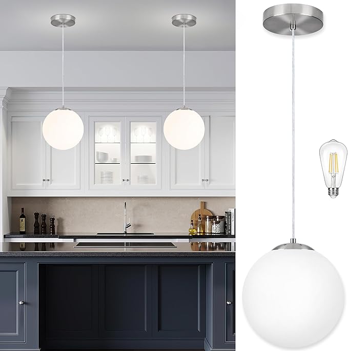 KoKo&Yukina 13.7 Inch Nickel Globe Pendant Light Adjustable Globe Pendant Lights Kitchen Island Mid Century Light Fixture with Milky White Glass Shade for Living Room