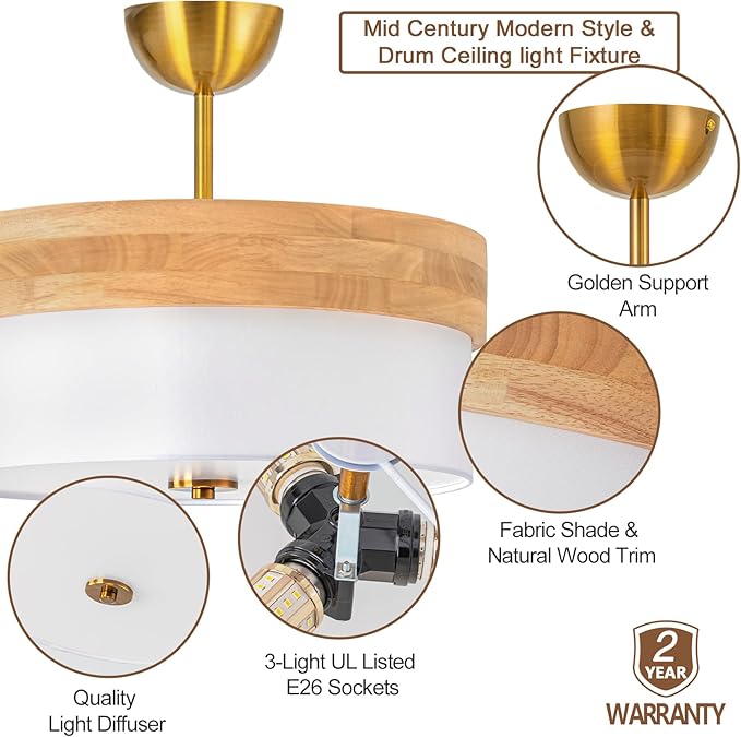 Bargeni 16 Inch Semi Flush Mount Ceiling Light, Modern Wood Drum Ceiling Light Fixture with Fabric Shade, Gold Light Fixtures Ceiling Mount for Living Room, Bedroom, Kitchen, Dining, Hallway,Entryway