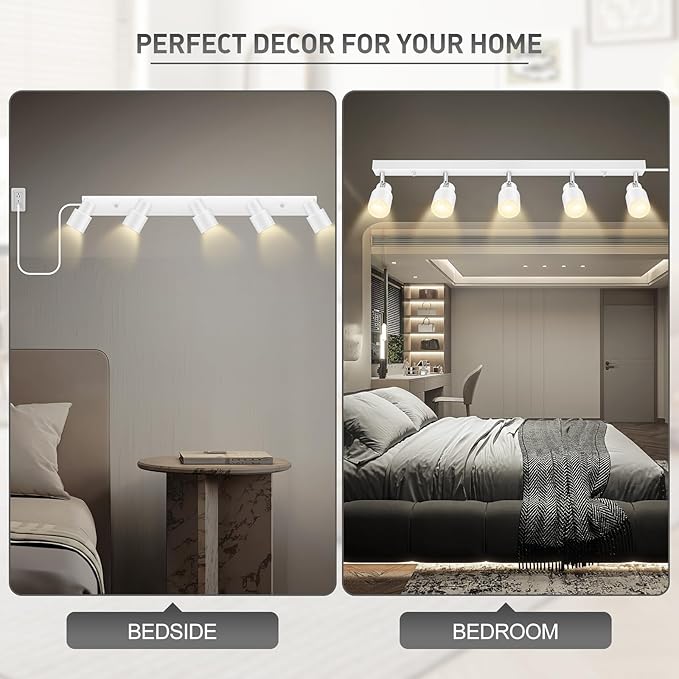 Track Lighting Plug in, 30" LED Track Light Fixtures Ceiling, White 5 Way Spotlight, Rotatable Head, Plug Wall Lights with 14.8FT Cord, Ceiling Lighting for Kitchen Hallway Bar(GU10, NO Bulb)