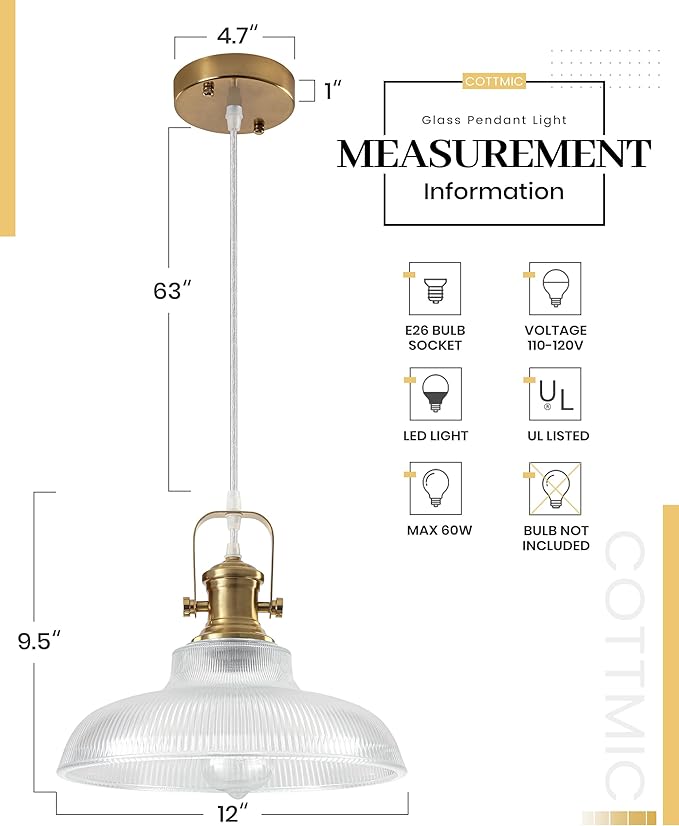 Gold Glass Pendant Lights Kitchen Island, 12in, Modern Kitchen Pendant Lights Fixture, Farmhouse Pendant Lighting for Dining Room Bedroom Bar Sink, 2 Pack