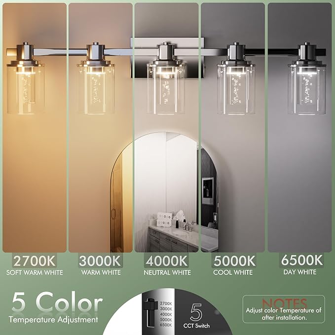 Quntis 5-Light Chrome Bathroom Vanity Light with 5 Color Modes, Dimmable Modern Bathroom Lighting Fixture Over Mirror, 35 Watts Eye Protection LED Wall Lamp 33 Inch (UL Certified, Bulbs Included)